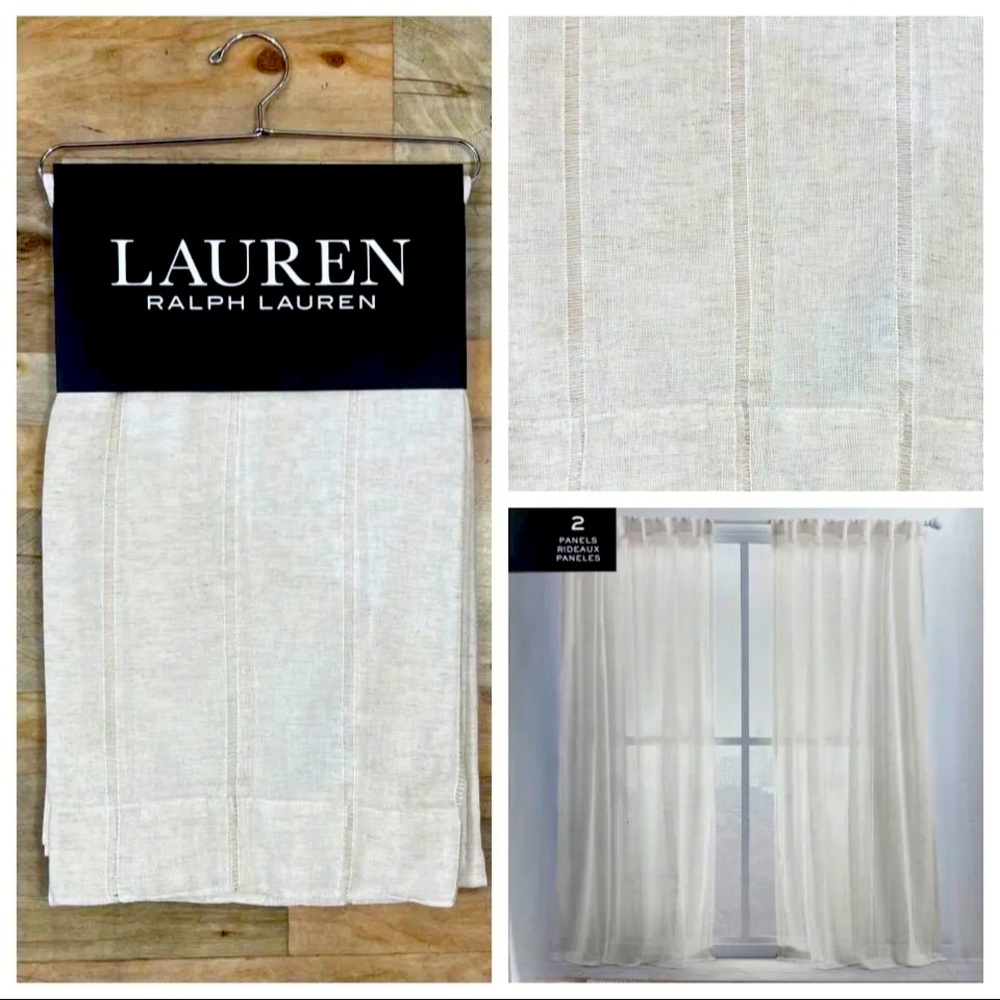 Ralph Lauren 54 x 96 Hamilton Linen Beige Sheer Curtains Striped Stripes Woven